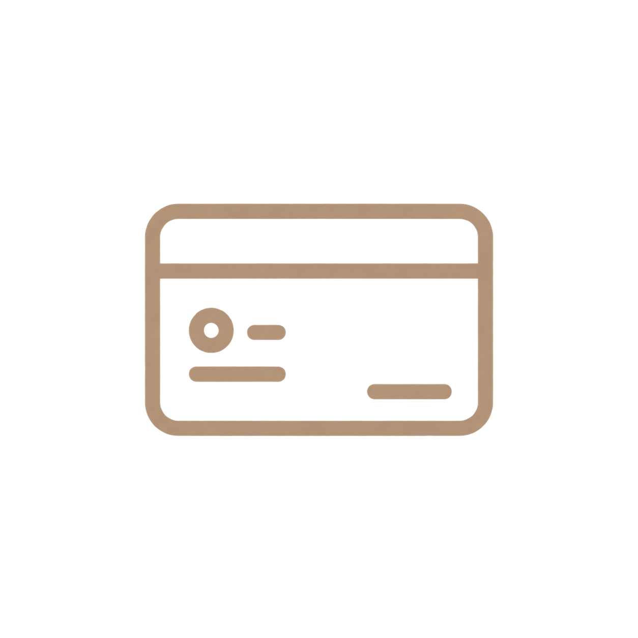 A minimalist brown line icon of a credit card on a solid white background.