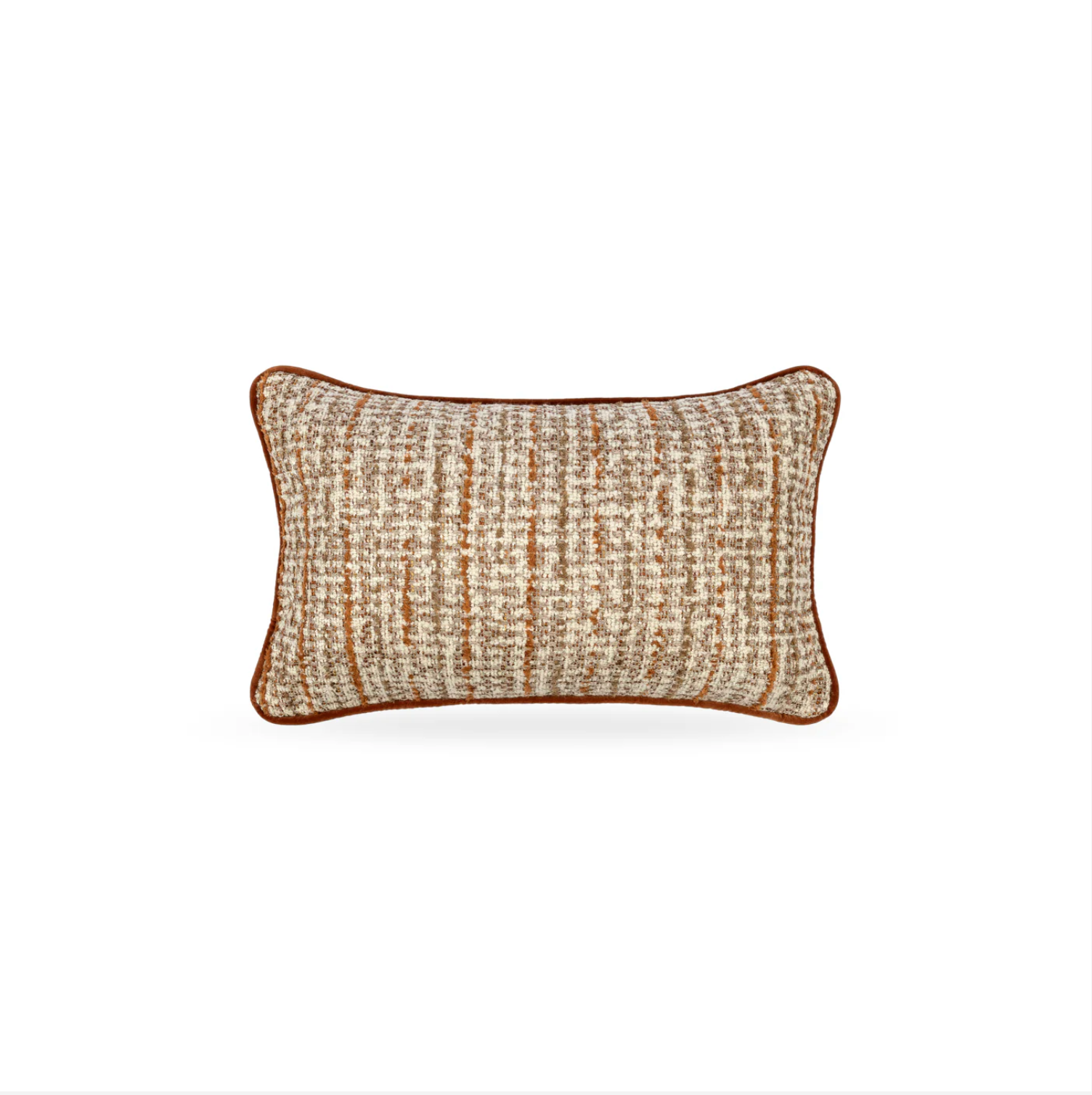 Textured decorative cushion with brown border on white background