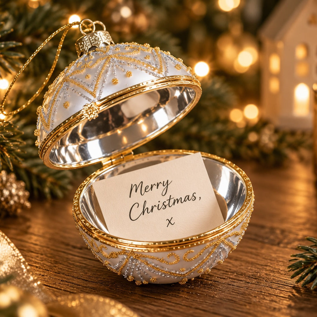 A silver and gold Christmas ornament-shaped note holder sits open on a wooden table, with a small handwritten note inside reading 'Merry Christmas, x'. The scene is decorated with pine branches, warm string lights, a candle, and a small house ornament in the background.