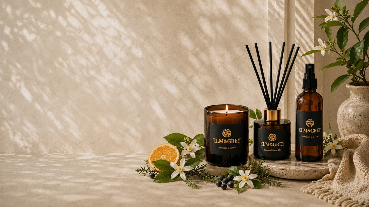 Elm & Grey Orange Blossom & Juniper luxury home fragrance collection with candle, reed diffuser and room spray styled with orange blossom and juniper