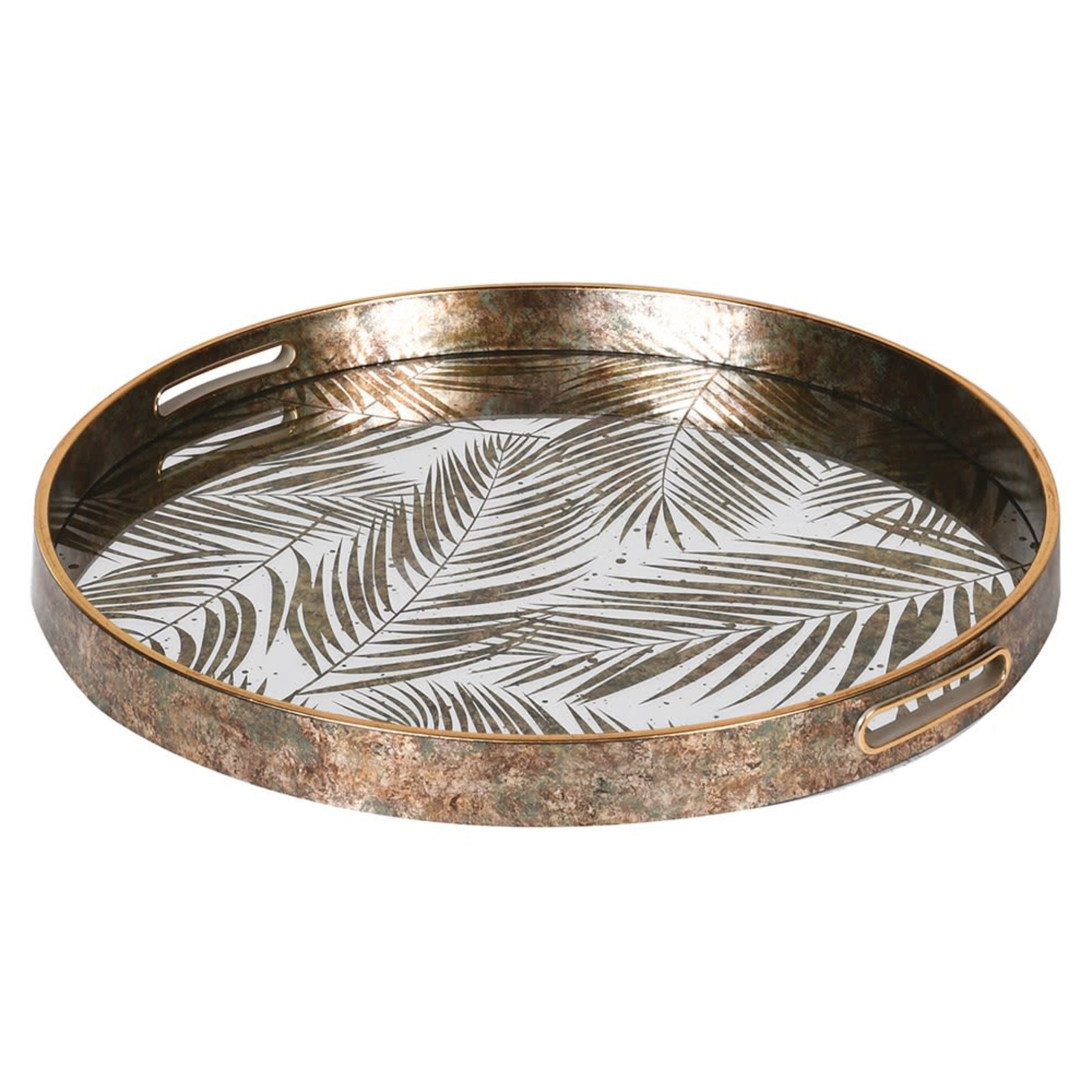 Decorative tray with leaf pattern and gold rim on a white background