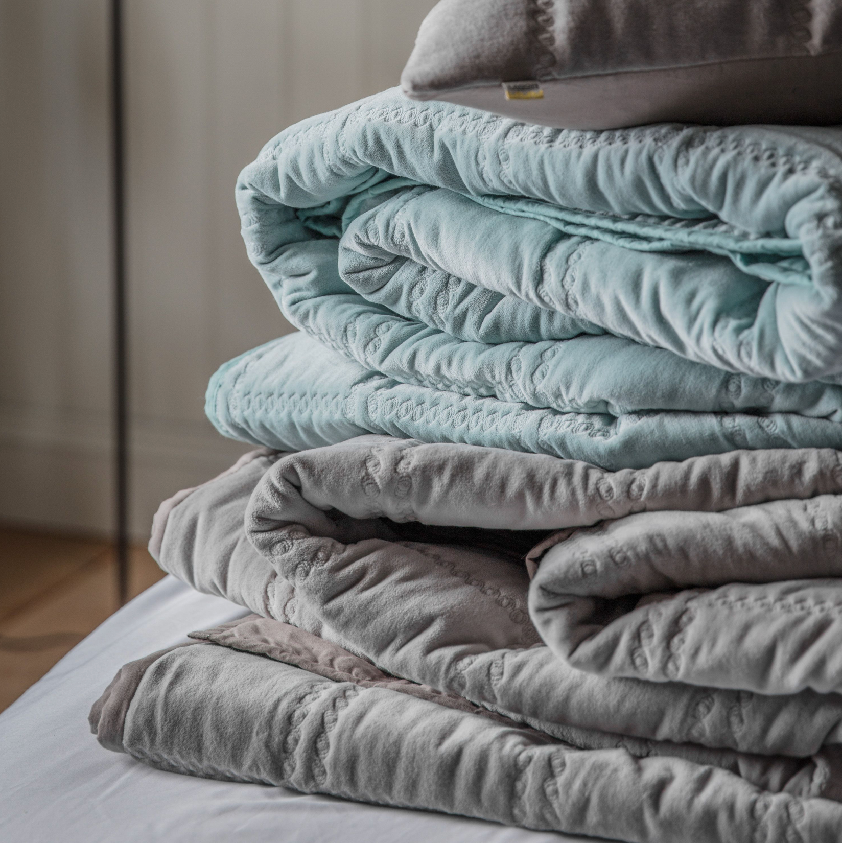 Quilted Cotton Velvet Bedspread – Duck Egg