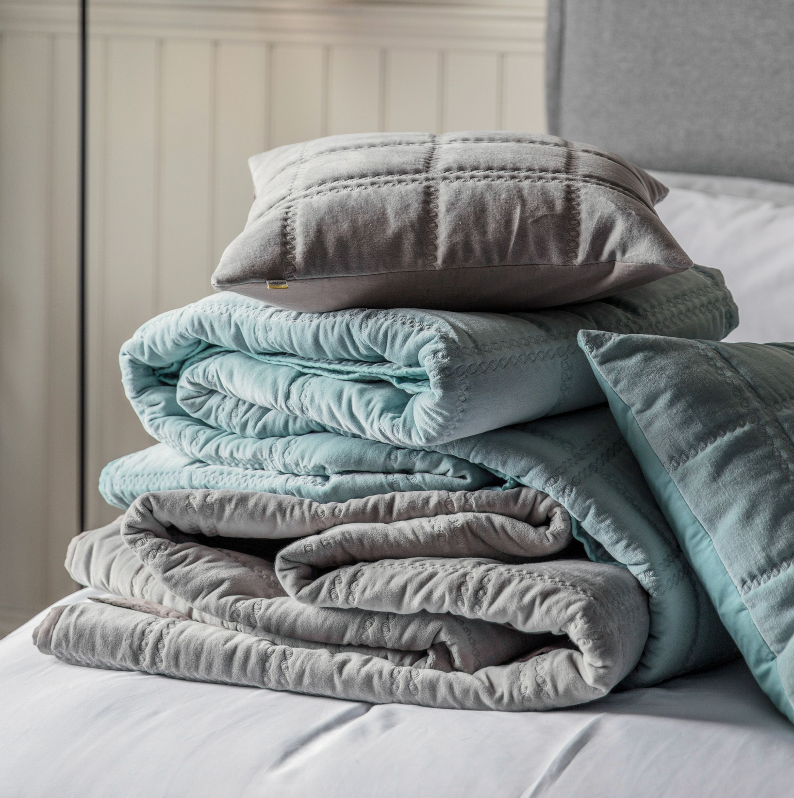 Quilted Cotton Velvet Bedspread – Duck Egg