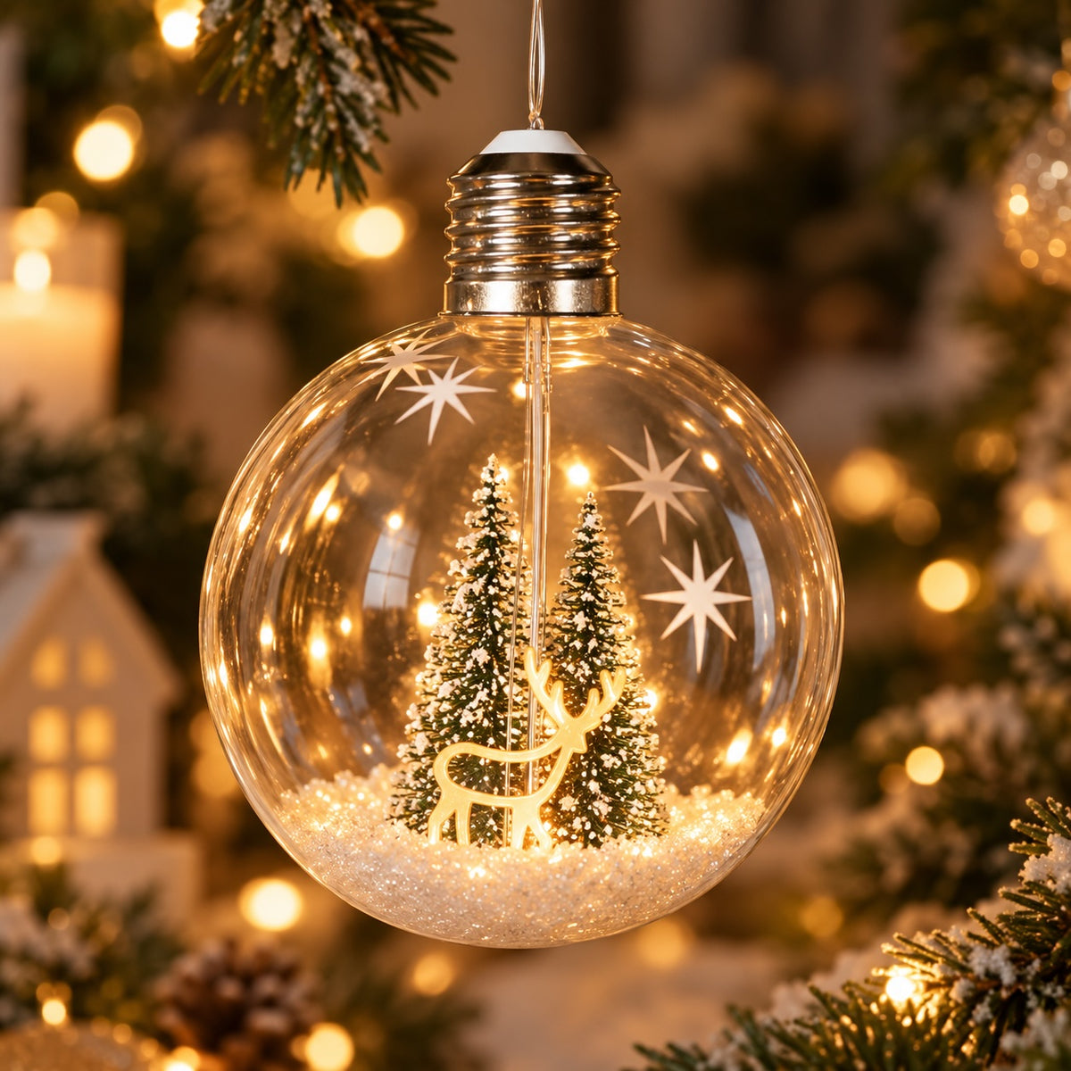 Lit Christmas Forest & Deer Glass Bauble – 15cm
