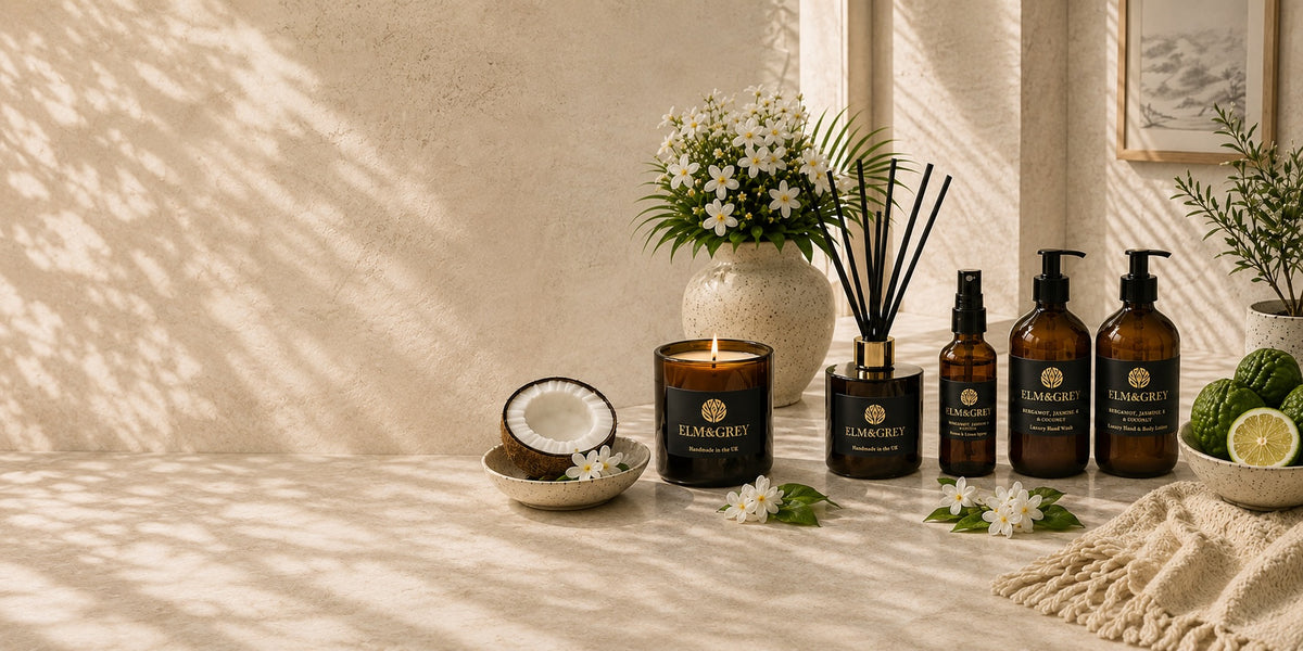 Elm & Grey Bergamot Jasmine & Coconut luxury home fragrance collection with candle, reed diffuser, room spray and hand care