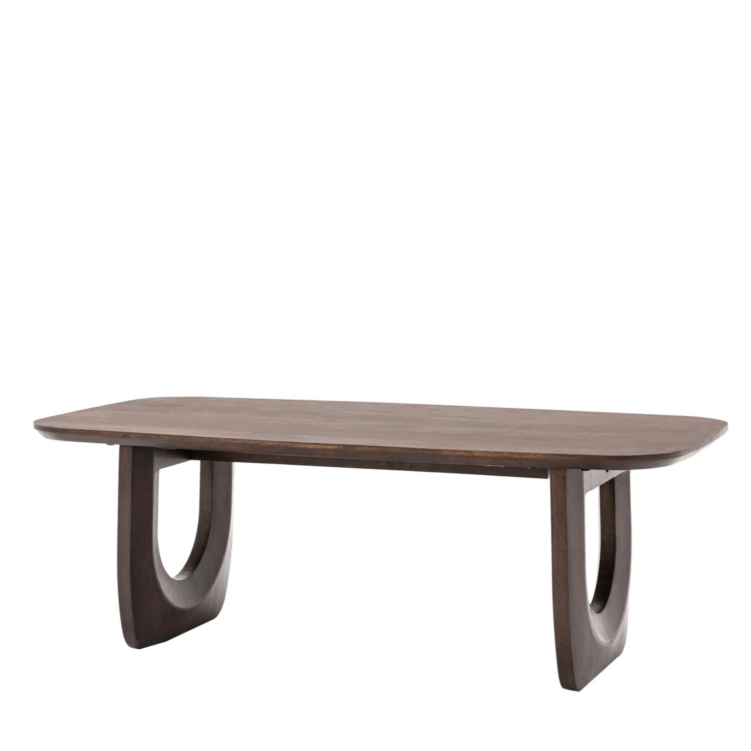 Rectangular walnut mango coffee table with unique legs on a white background