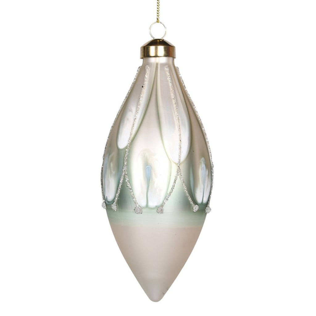 A sage green, white, and gold glitter finial bauble with a delicate glass design, accented with glitter and hanging from a gold-coloured metal ring.