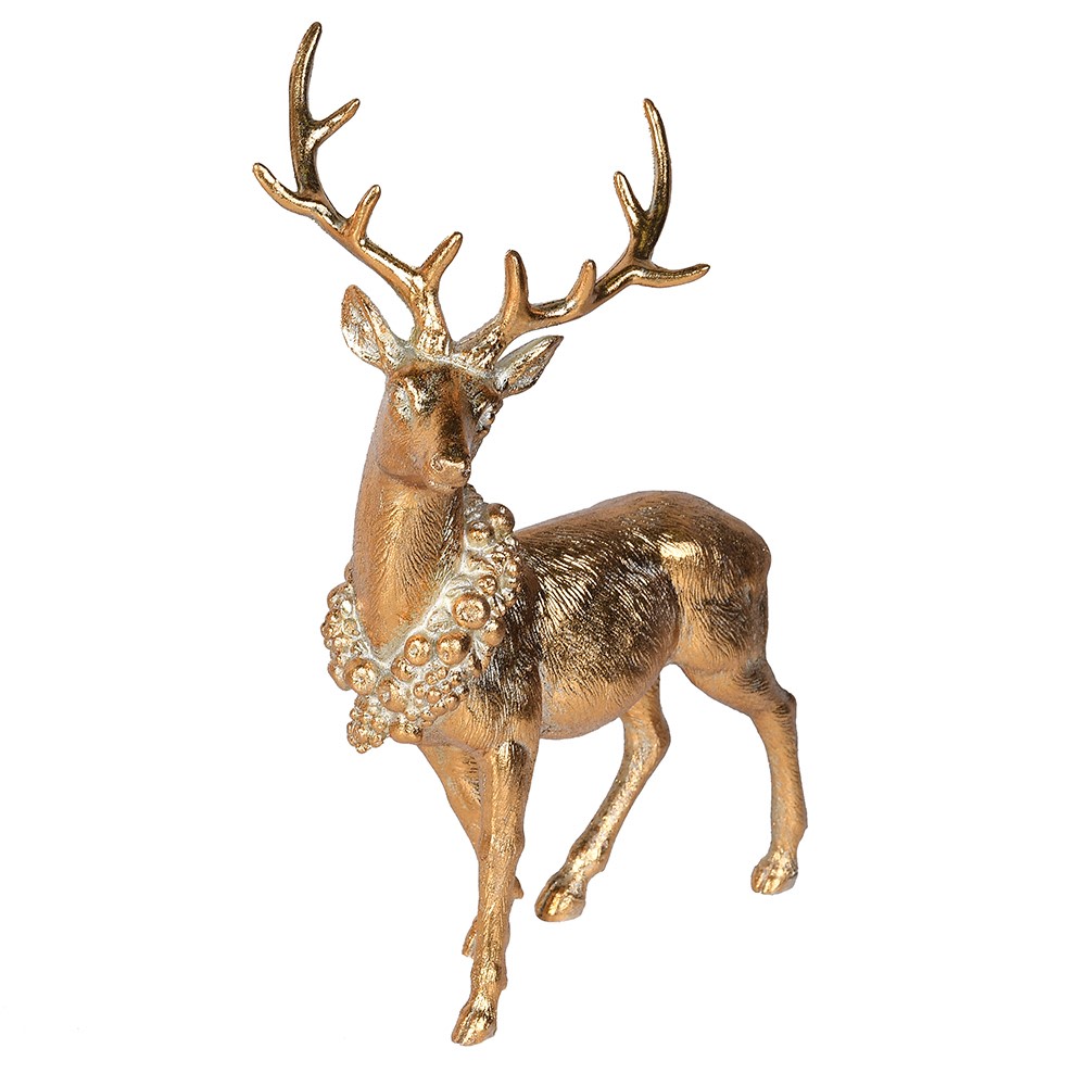 Gold deer figurine with antlers on a white background