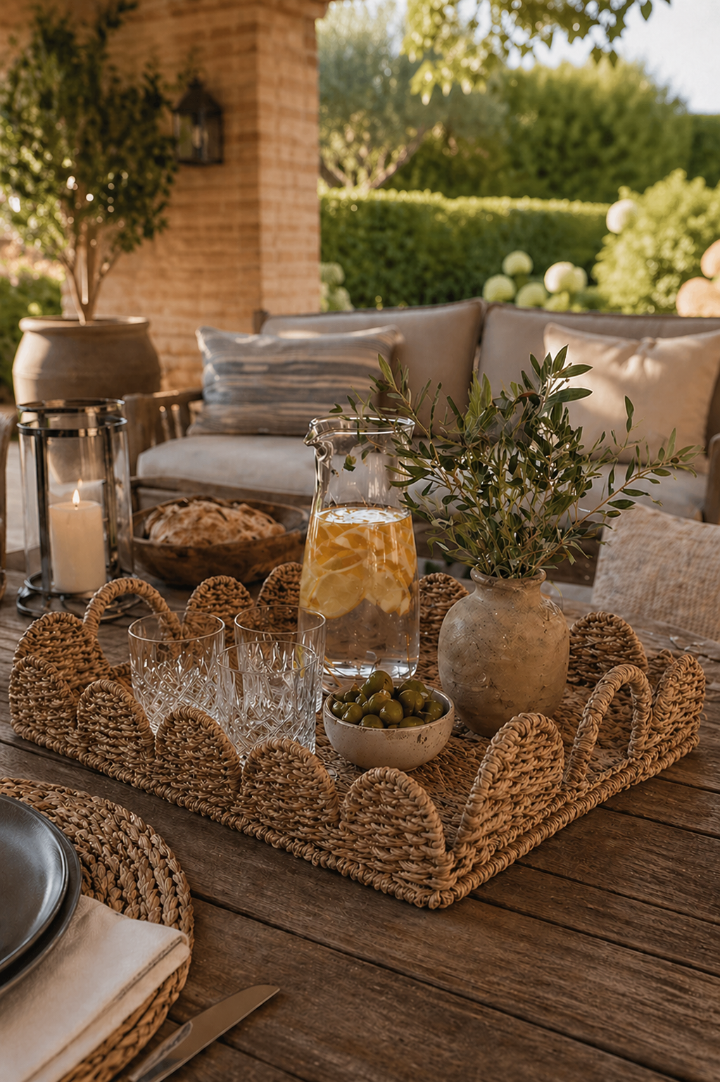 Scallop edged  seagrass tray styled in an outdoor entertaining setting