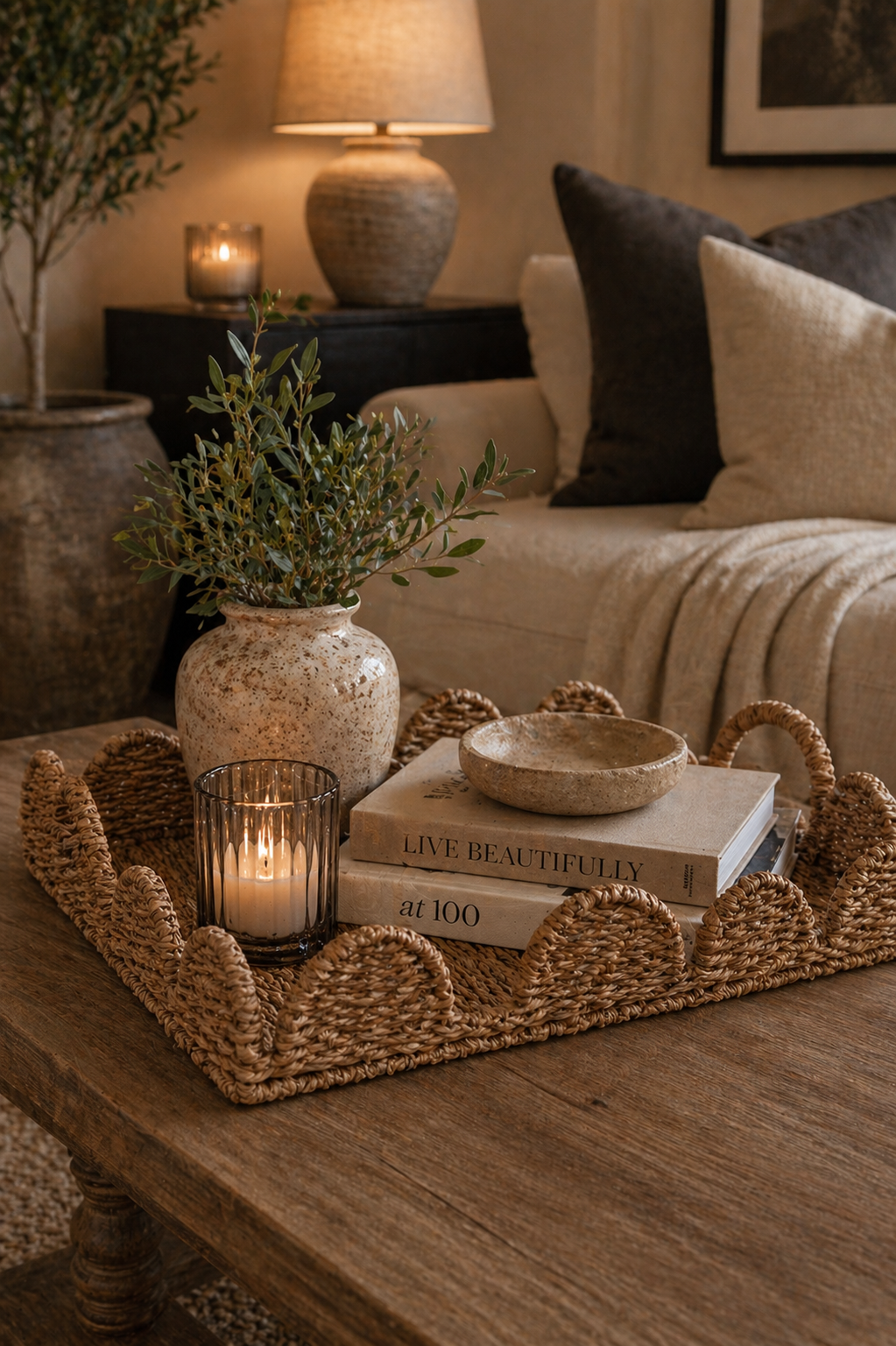 Decorative setting with a woven tray on a wooden table, featuring candles, books, and a plant.