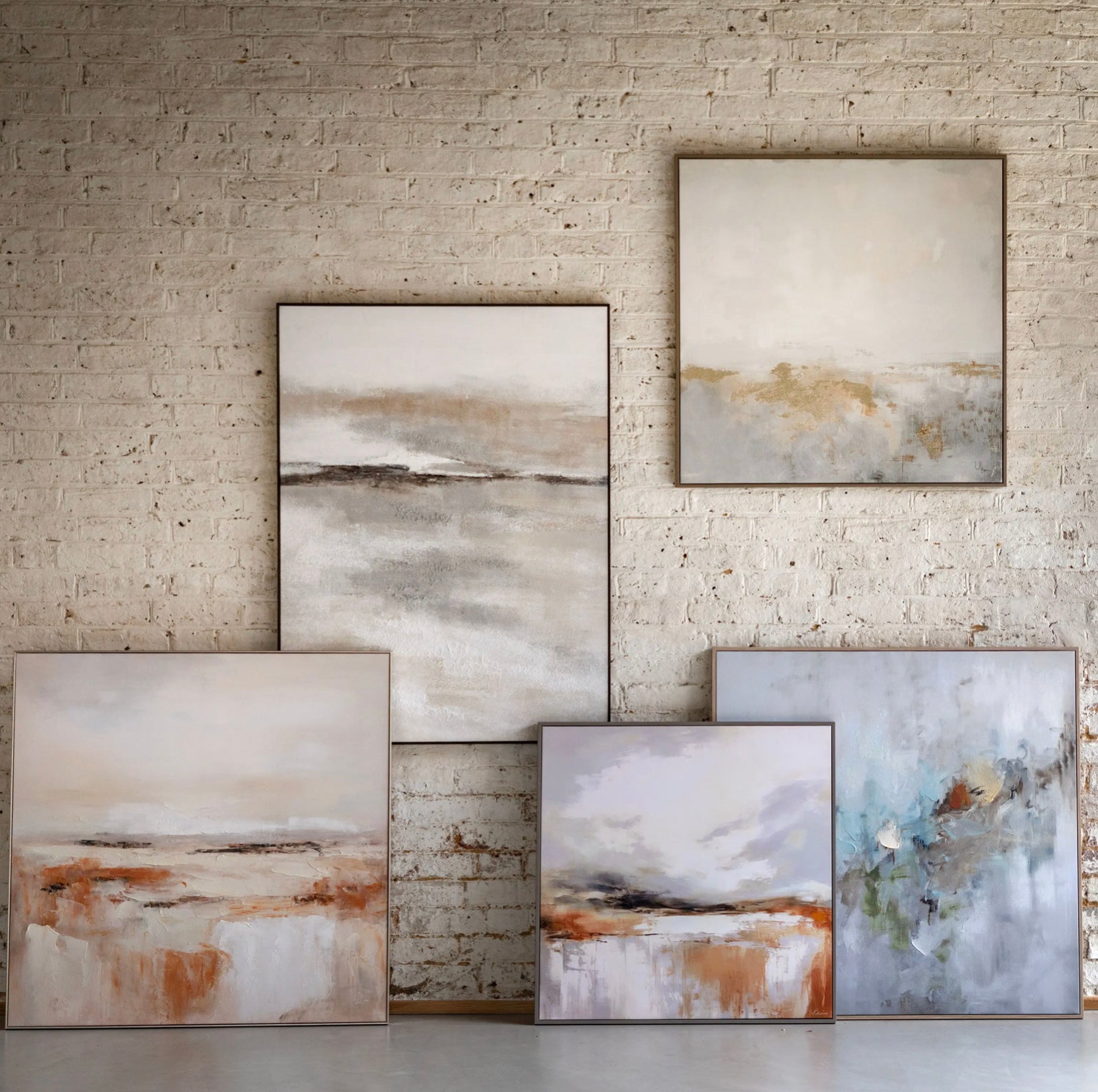 Set of abstract paintings on a brick wall by Elm & Grey