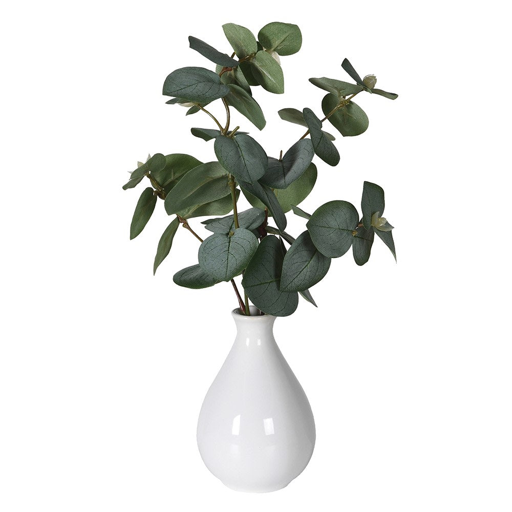 White vase with green leaves on a white background
