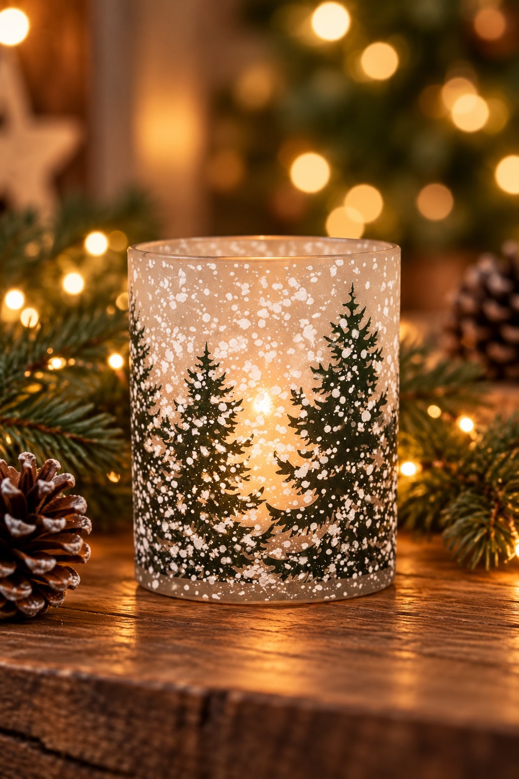 Snowy Trees frosted glass candle holder glowing in a festive Christmas setting