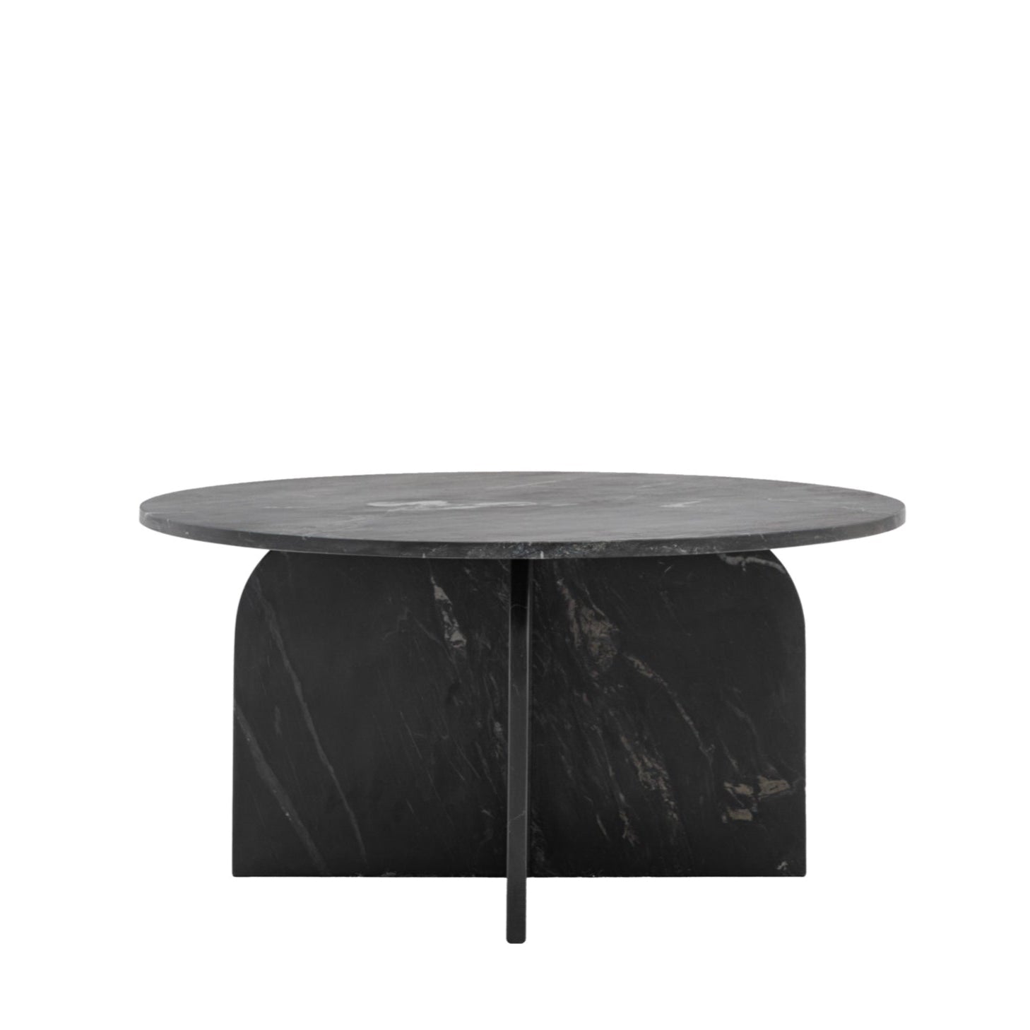 Round black marble table on a white background