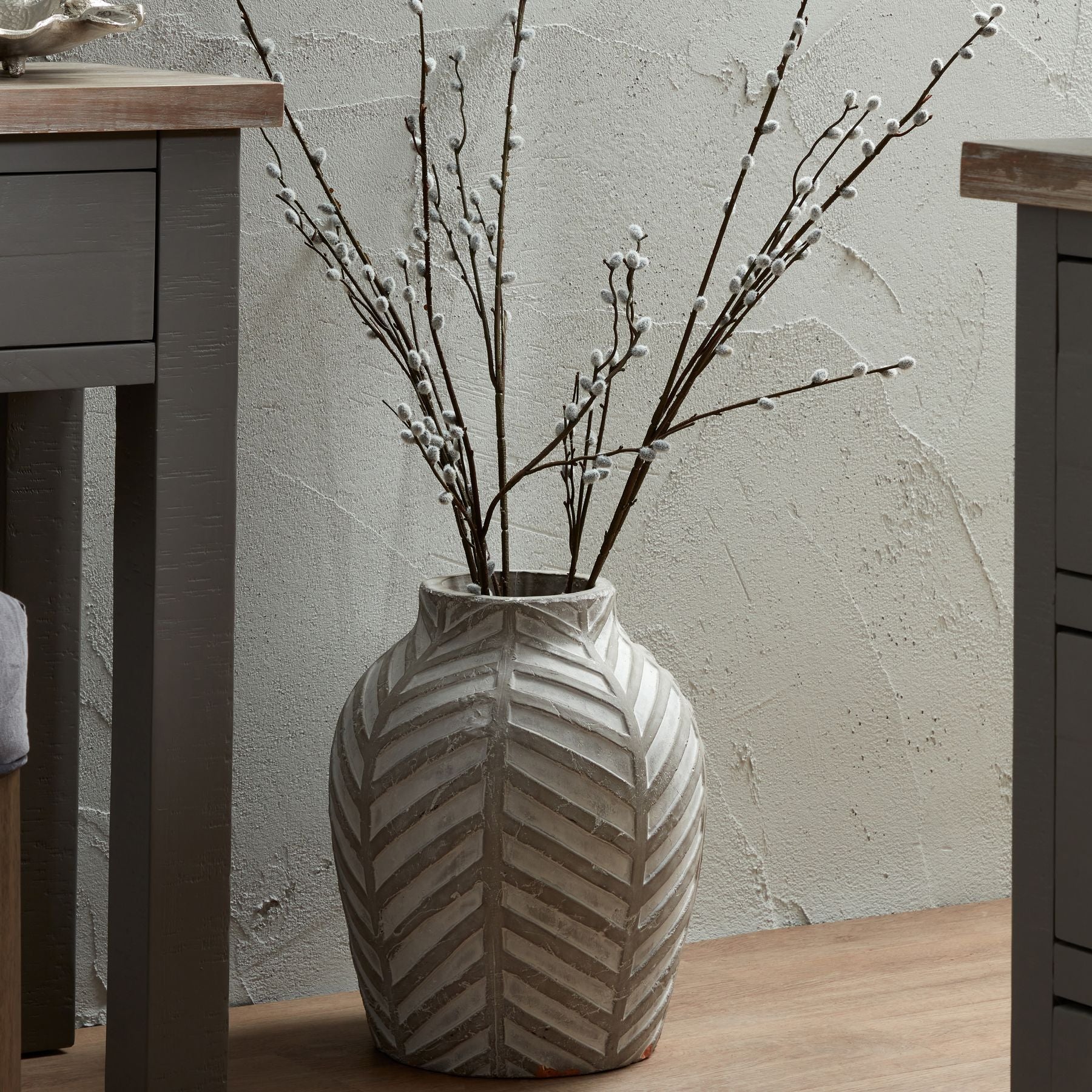 Textured stone grey chevron vase styled with pussy willow branches