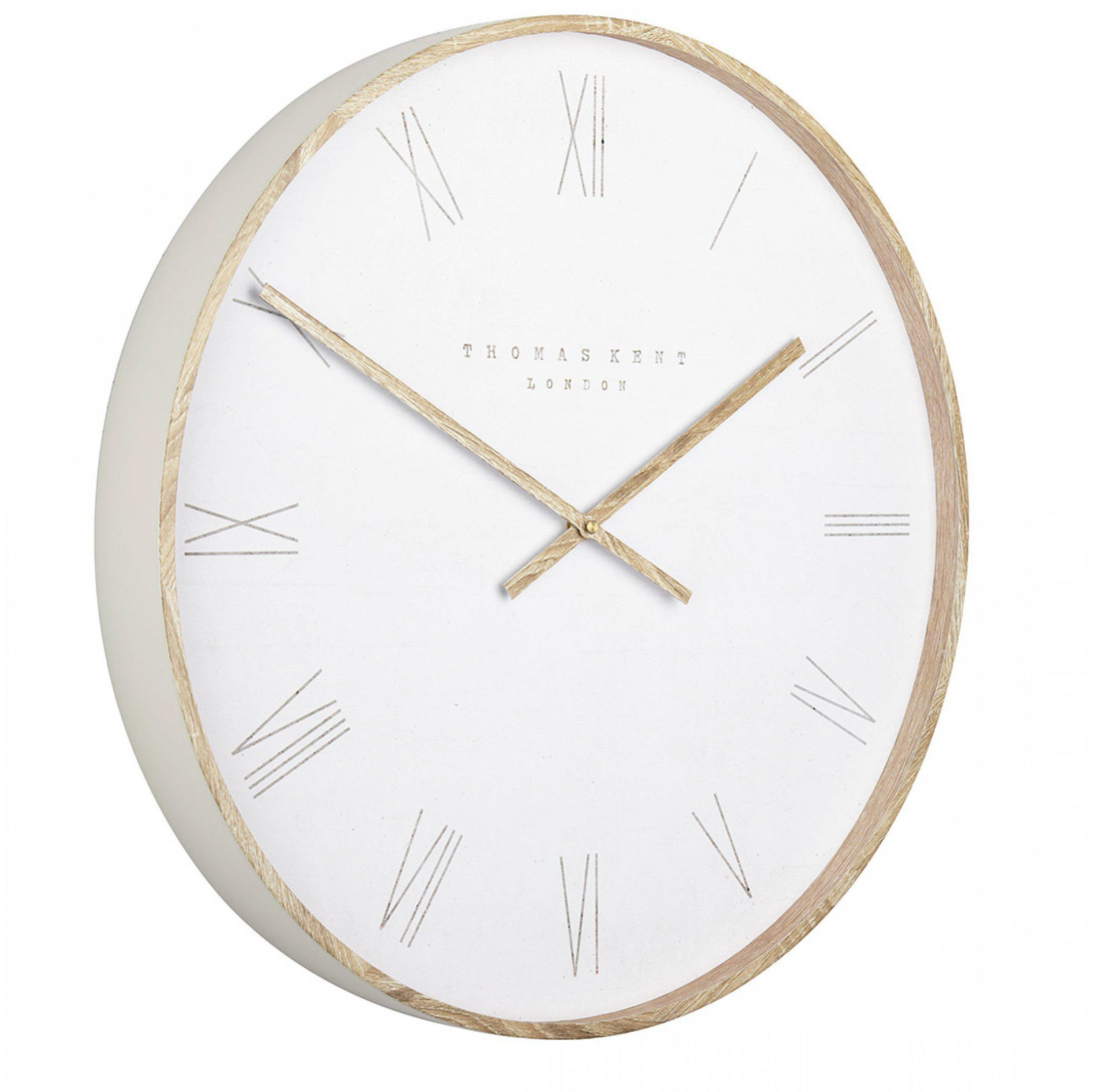 White wall clock with gold accents on a white background
