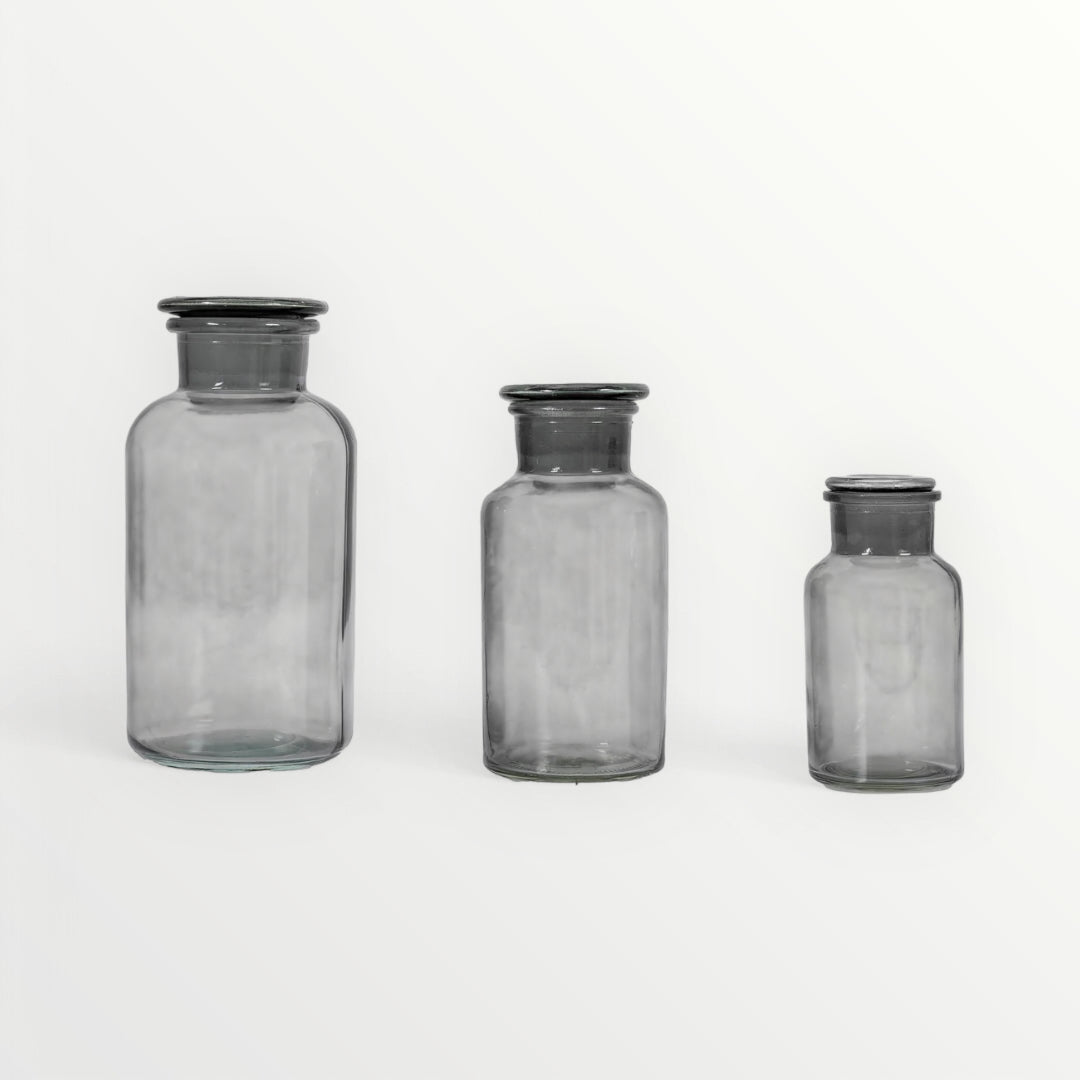 Trio of Coloured Glass Bottles in Smoky Grey