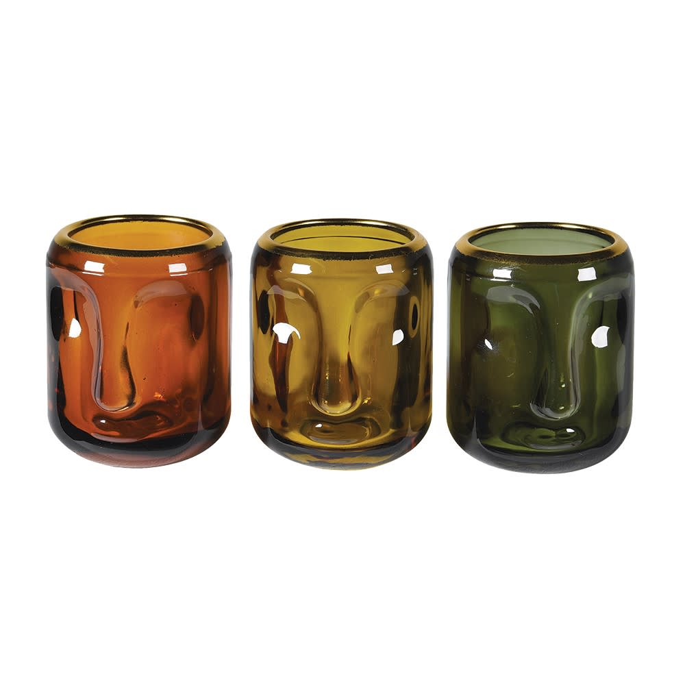 trio of candle holders in amber yellow gold and green. Elm & Grey