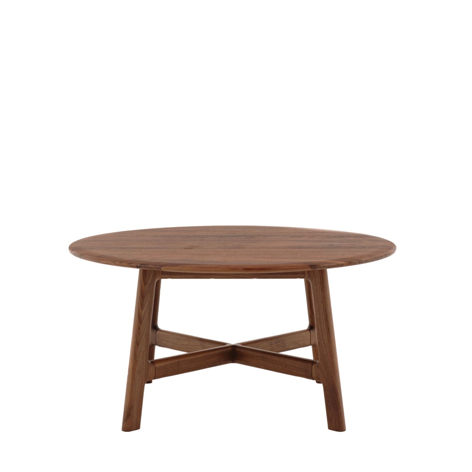Round walnut coffee table on a white background