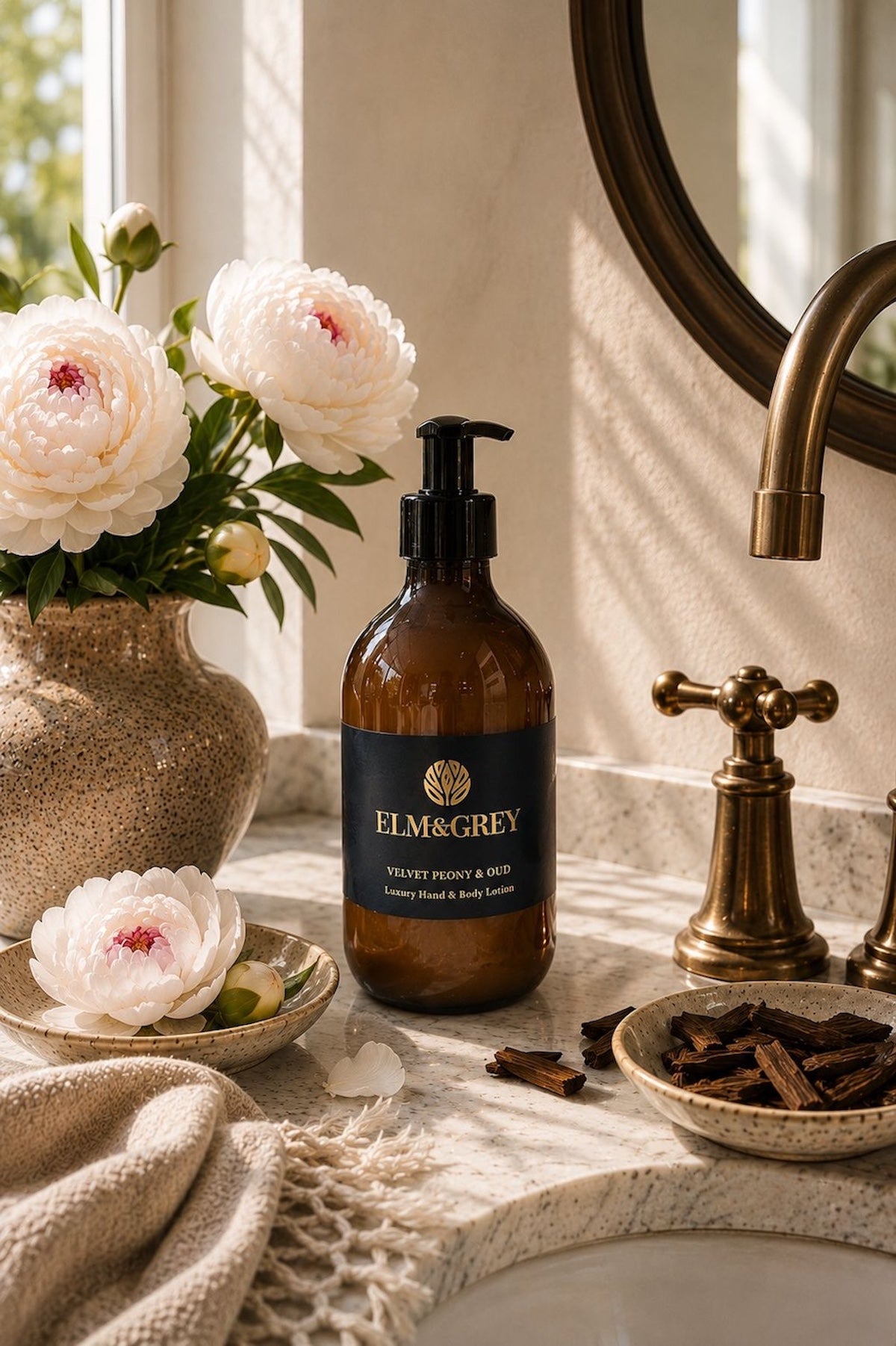 Elm & Grey Velvet Peony and Oud luxury hand and body lotion on marble bathroom surface with white peonies and oud wood chips beside brass tap