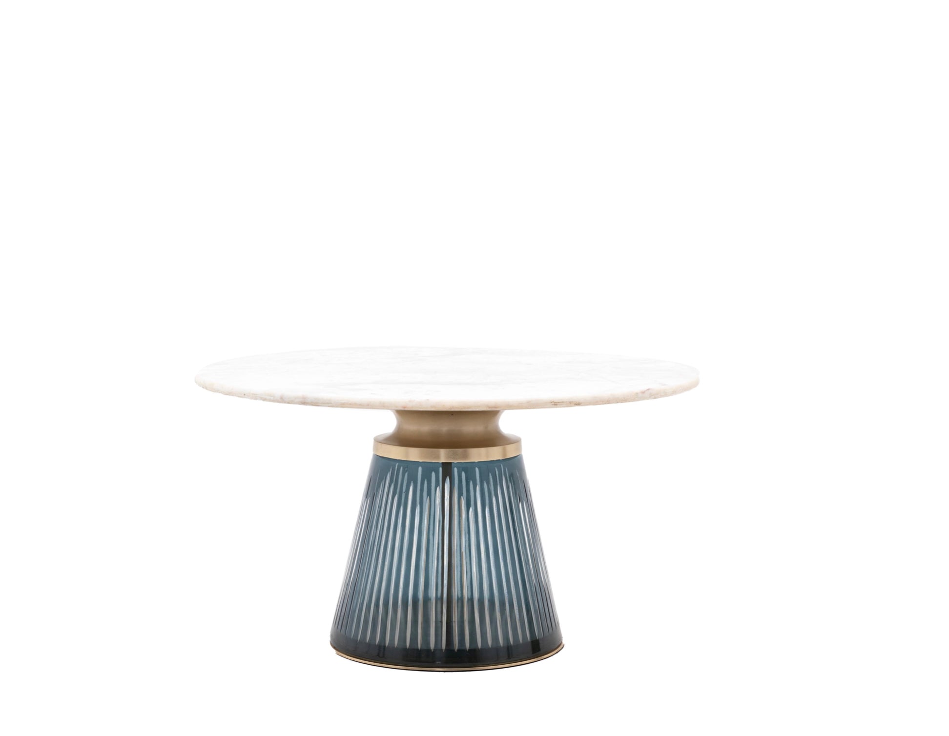 Modern side table with a white marble top and blue glass cylindrical base on a white background
