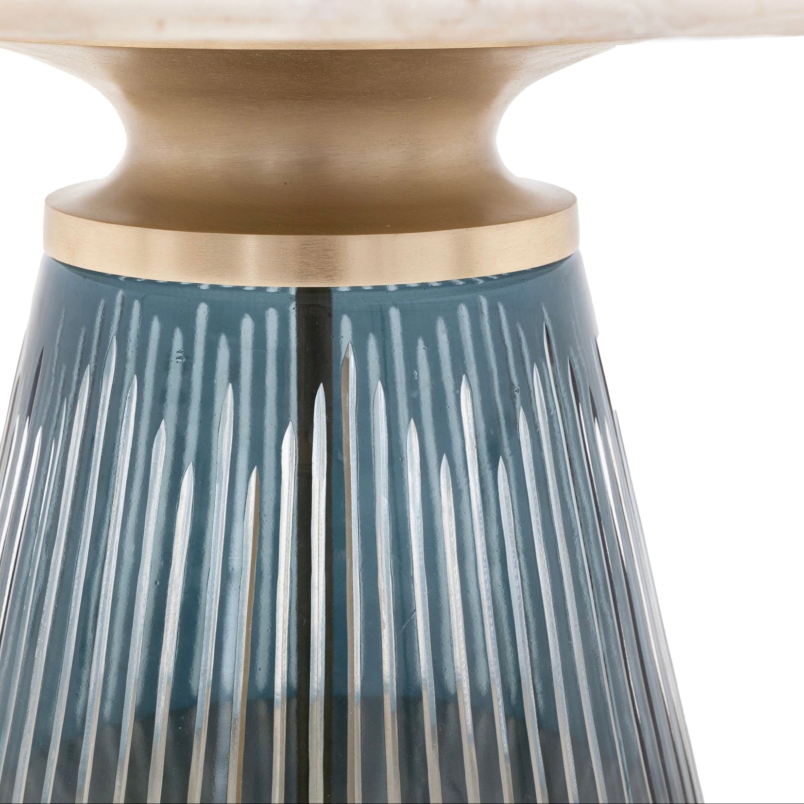 Coffee table with a blue glass ribbed design base on a white background
