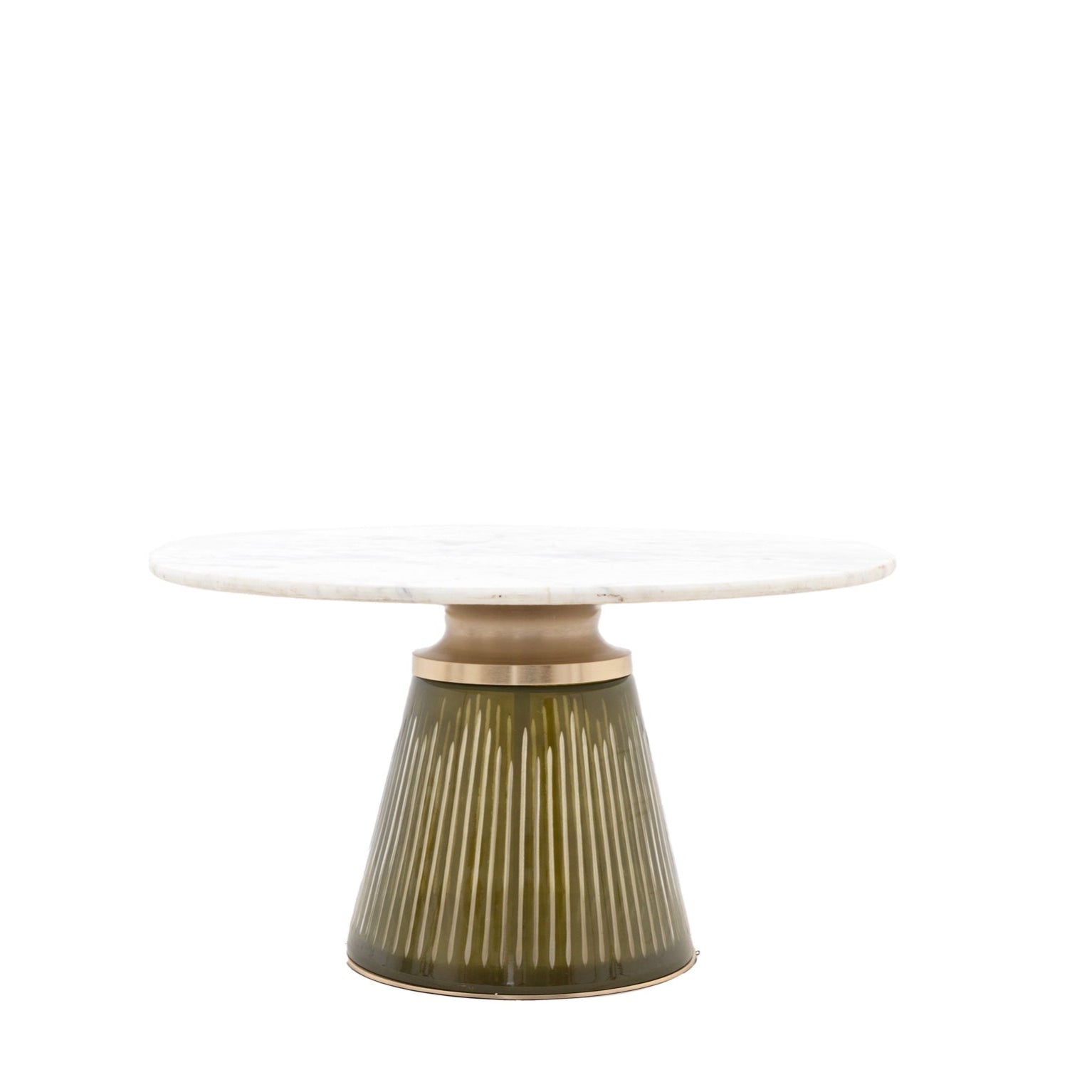 Round marble  table with a textured green glass base on a white background