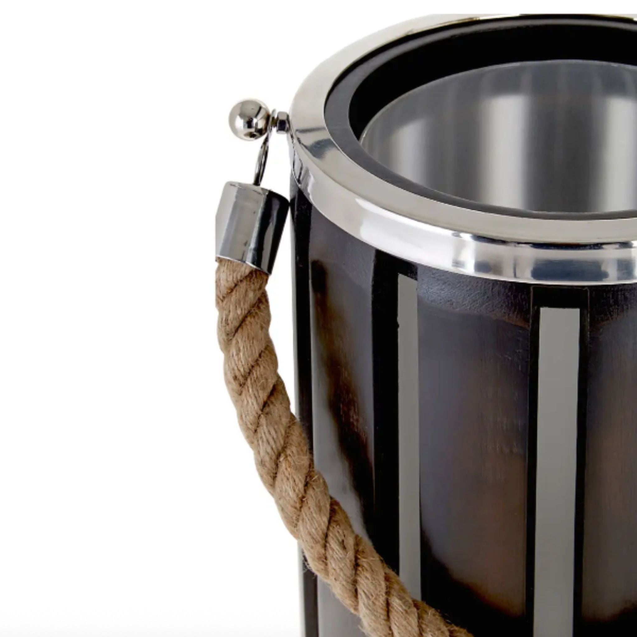 Walnut cylindrical container with silver rim and rope handle on a white background