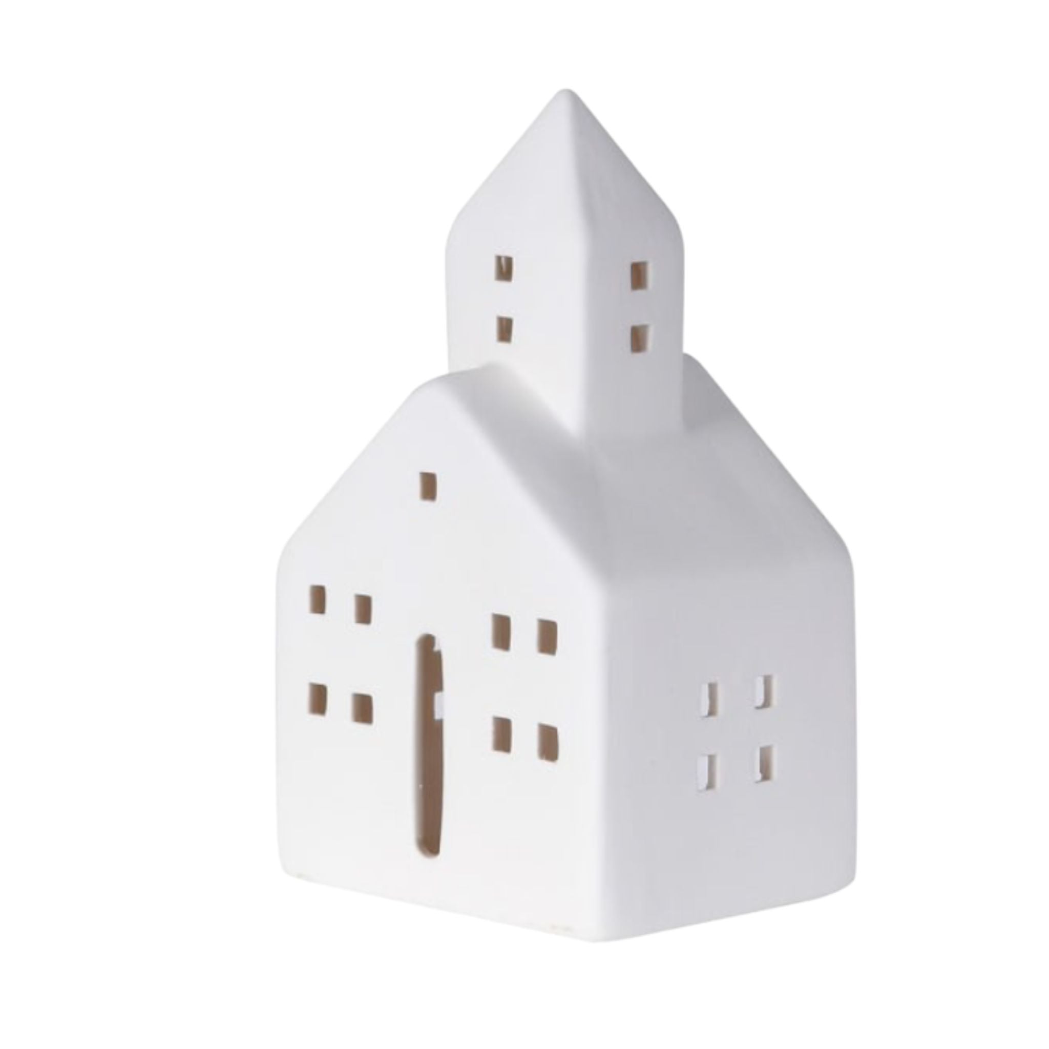 A ceramic townhall tealight holder