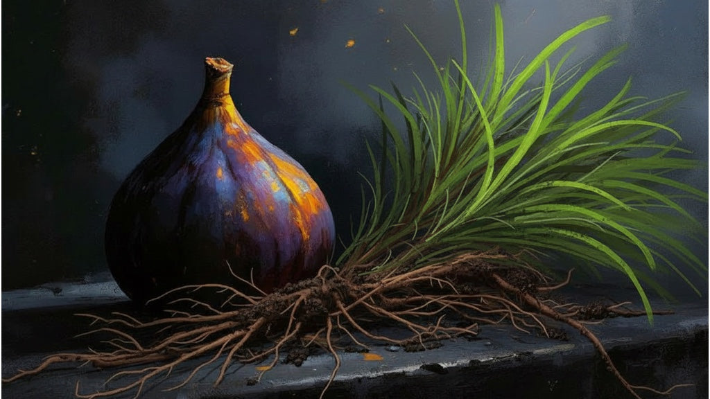 Fig with roots and green grass on a dark background