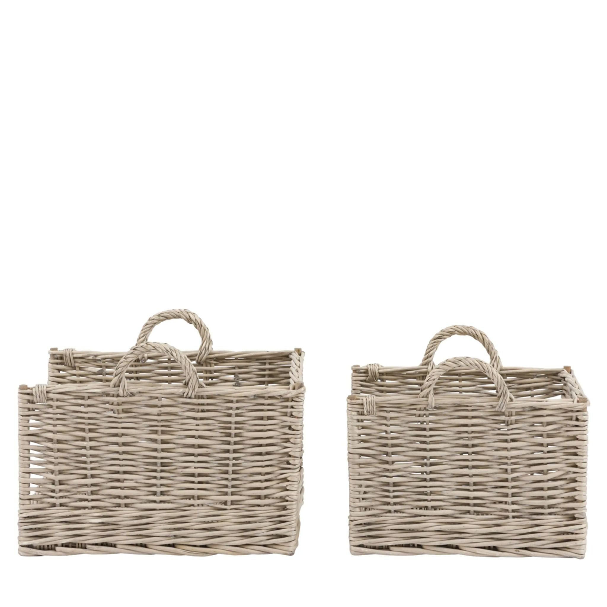 Two woven baskets with handles on a white background