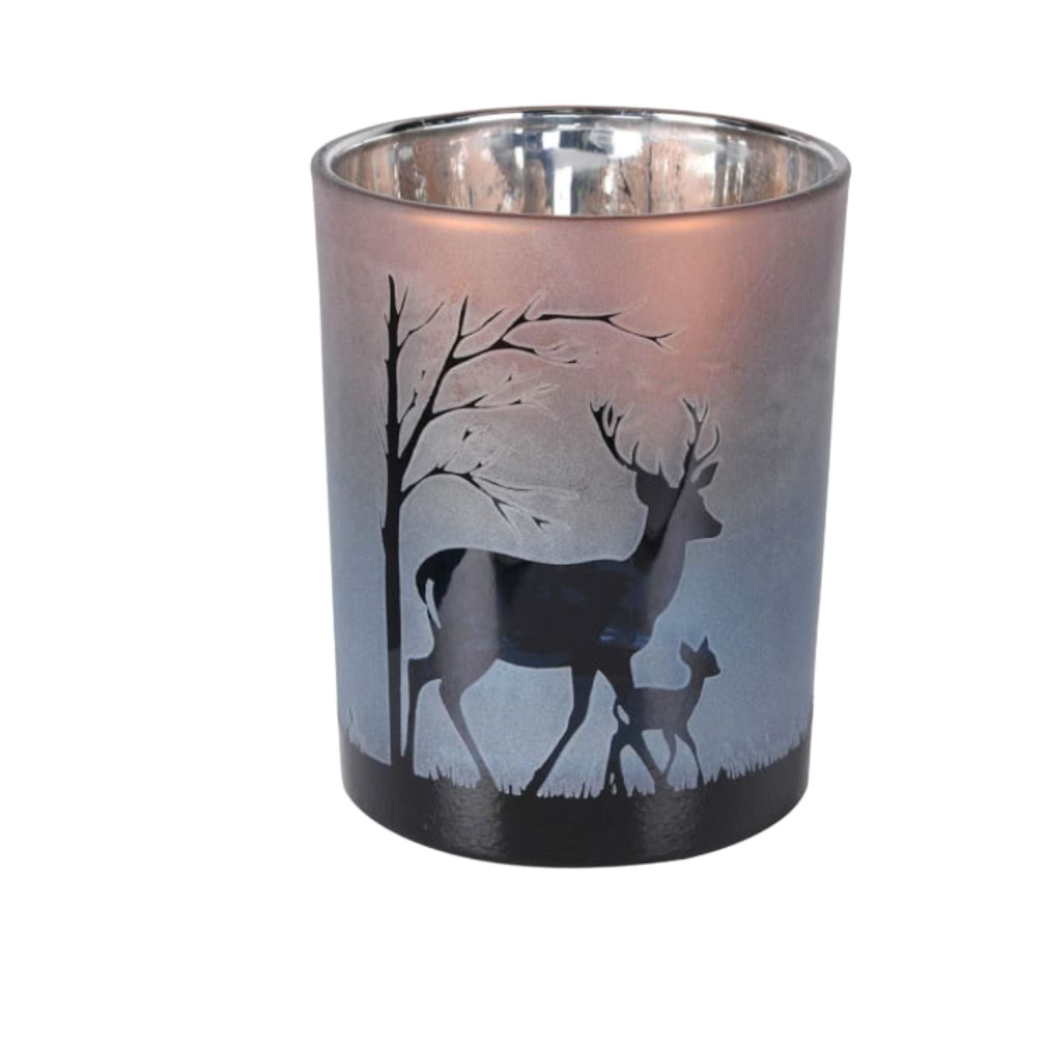 A glass hurricane etched candle holder with a woodland stag scene