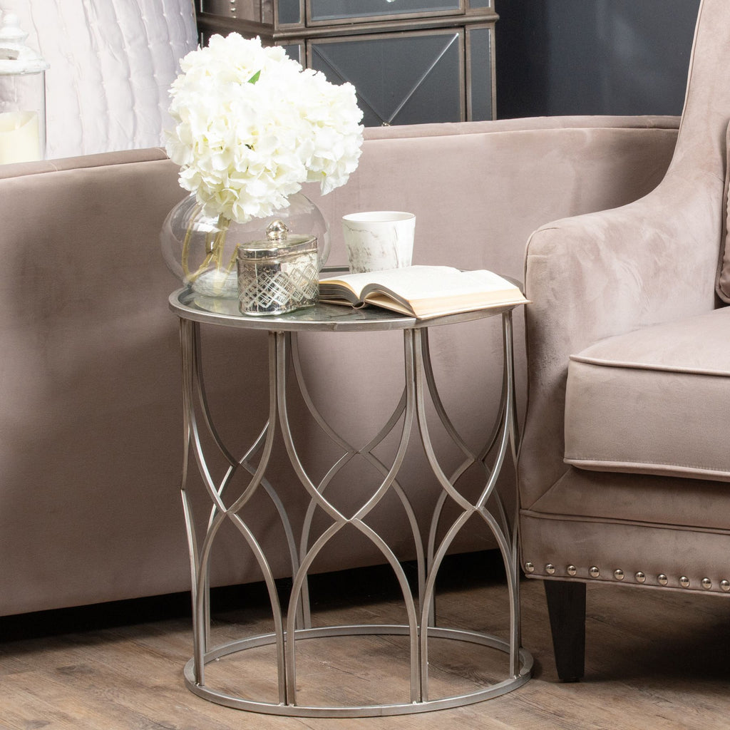 Set Of Two Lattice Detail Silver Side Tables