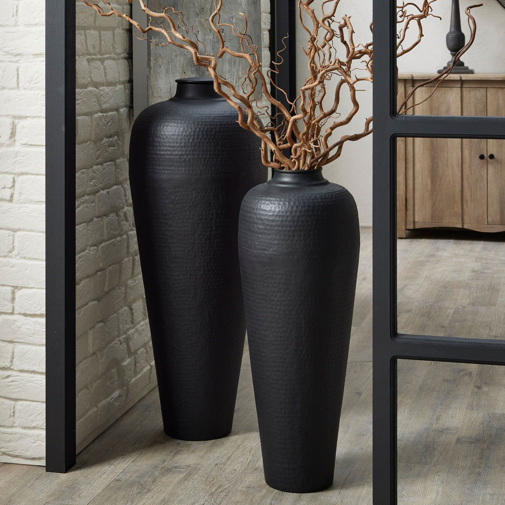 Matt Black Medium Hammered Vase Without Lid styled next to another vase in the range
