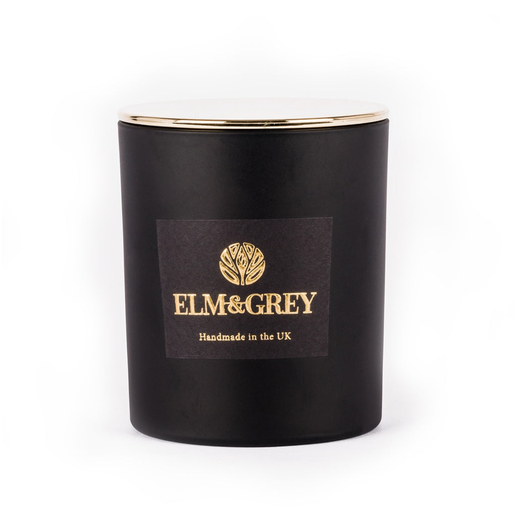Black large Candle with gold lid on Elm and Grey Made in the UK