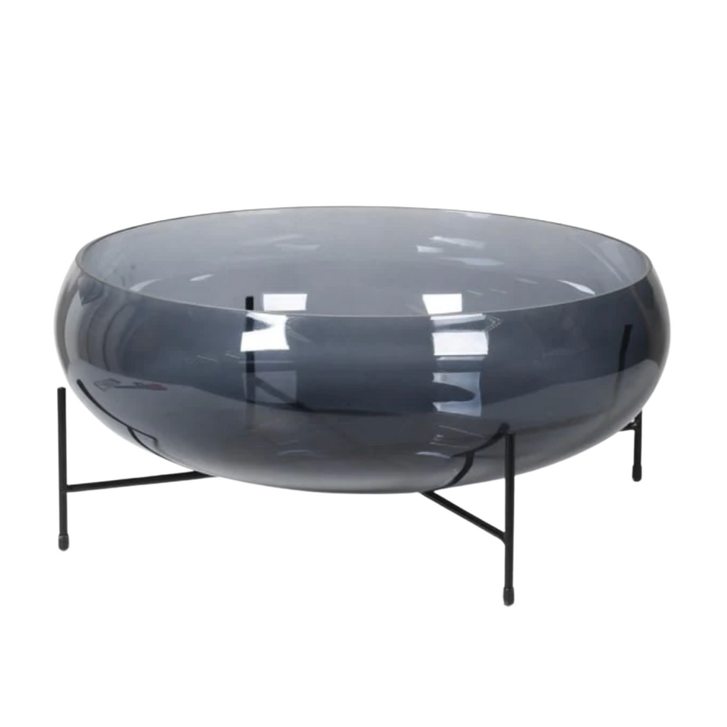 smoky glass bowl on a black metal stand centrepiece