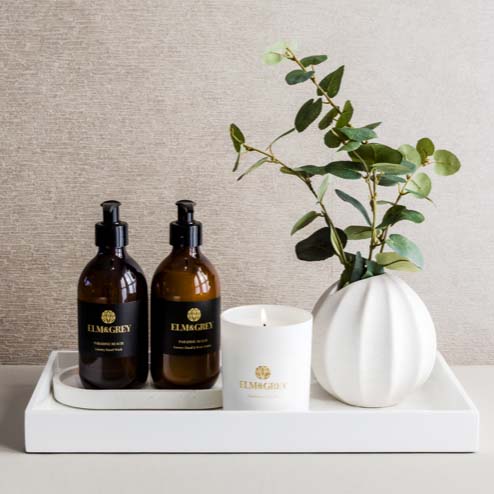 Pre-Styled White Tray With Amber Hand Wash and Lotion Pair, Deluxe 220g Candle and Faux Eucalyptus Arrangement