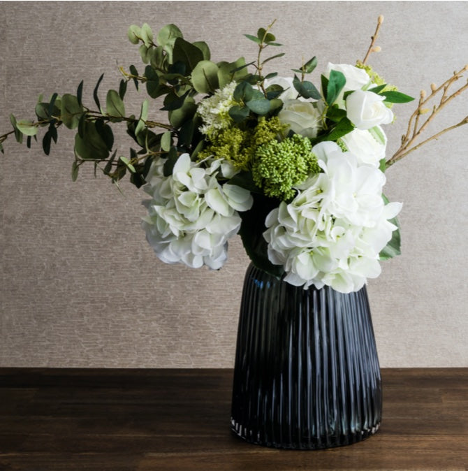 White Hydrangea Hand Tied Bouquet Arrangement in a grey ribbed vase LSA