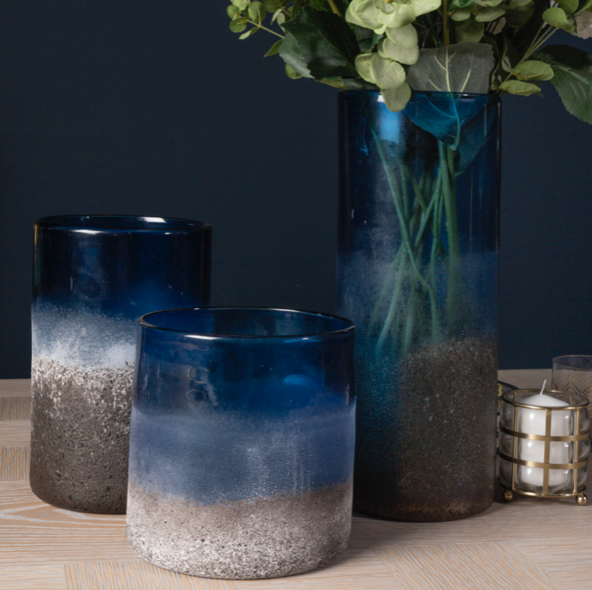 Short Sand Effect Blue Glass Vase