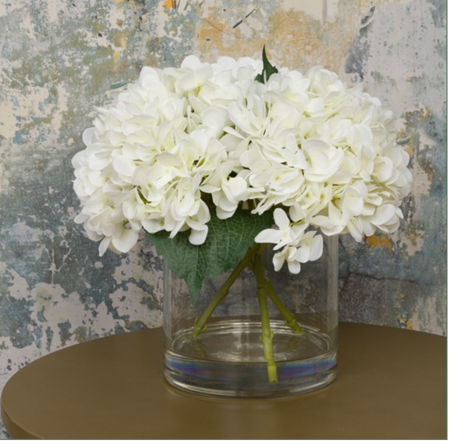 Faux Hydrangea Arrangement in Cylinder Vase