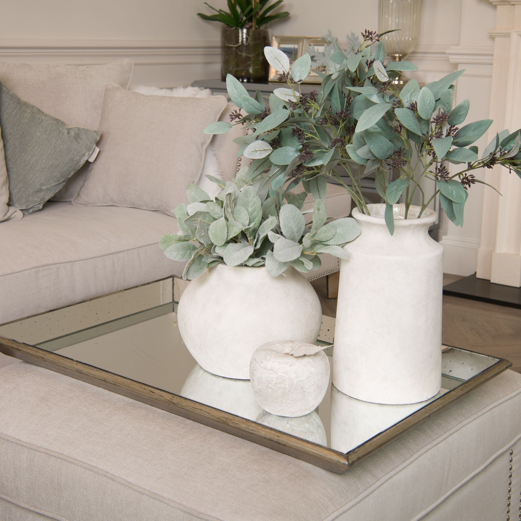 Trio of planter and vases on an ottoman tray