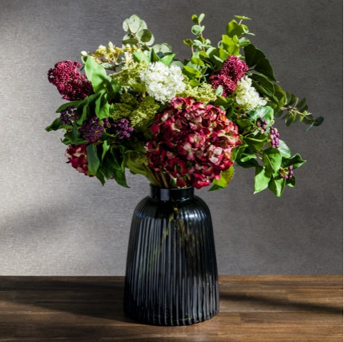 deep red faux hydrangeas and skimmia LSA smoke vase