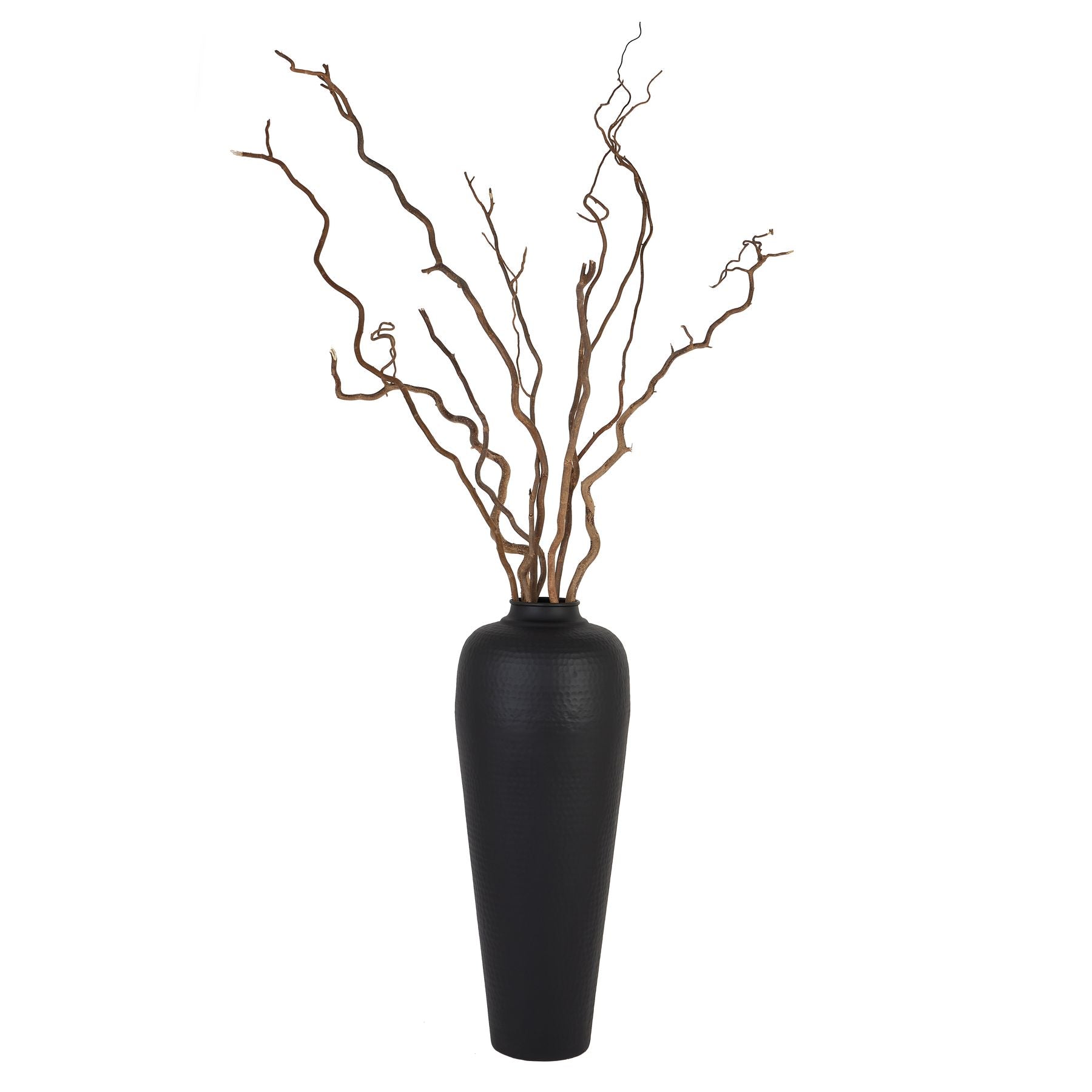 Matt black large hammered vase with twisted willow on a white background